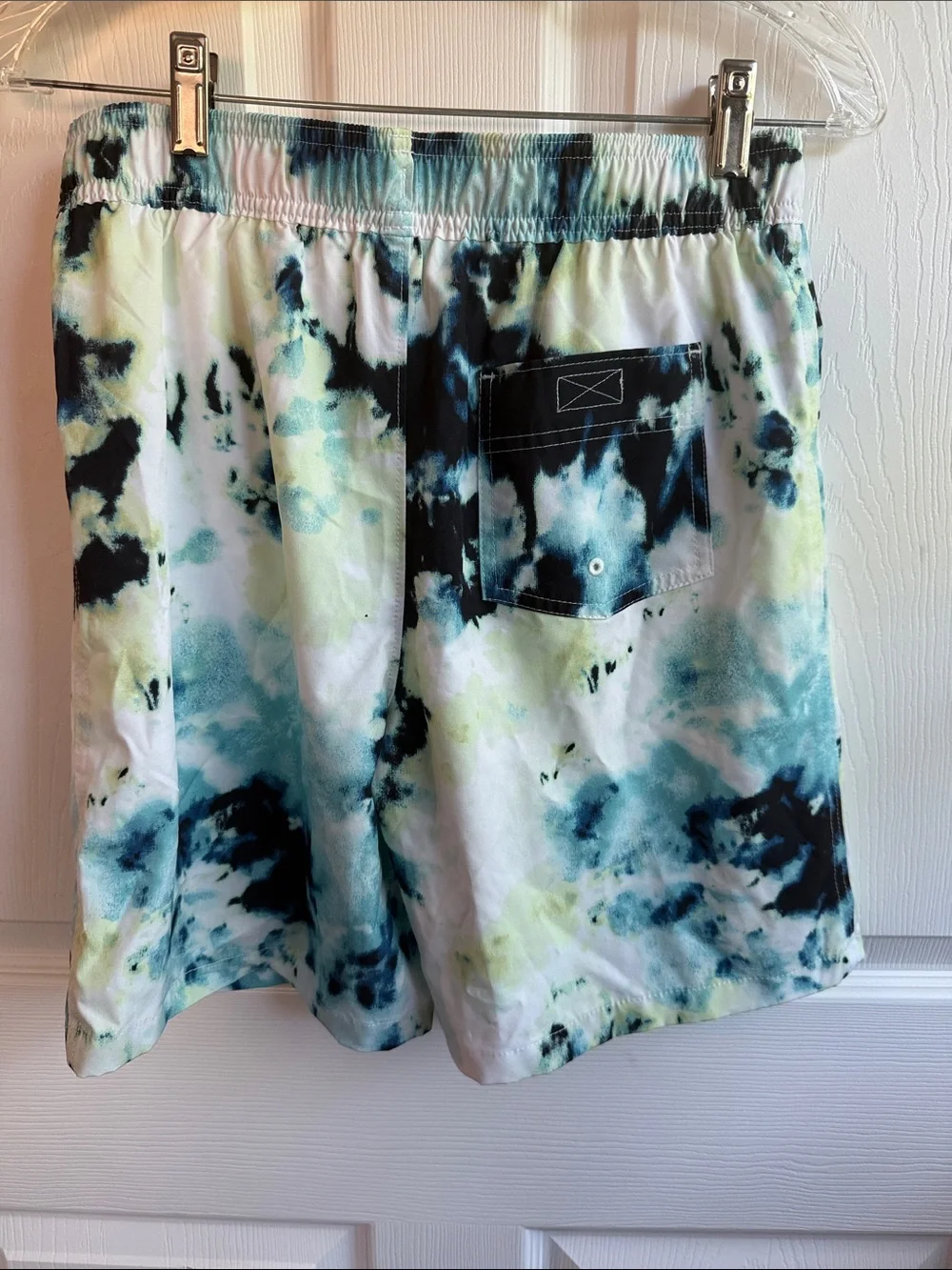abercrombie kids Tie-Dye Swim Trunks in Blue, Black & White